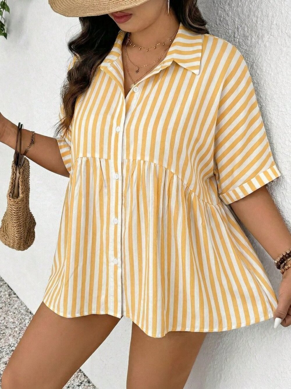 Yellow Chic Women's Striped Print Button Down Short Sleeve Top - Picture 3 of 7